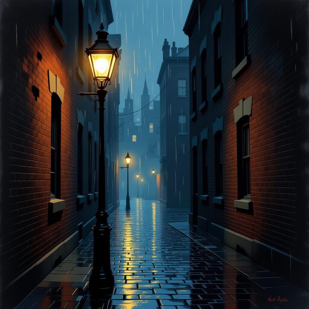 Grumpy Streetlamp in Noir Alleyway