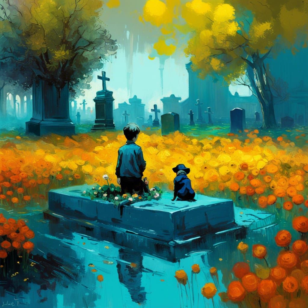 Boy and Dog at Grave, Classical Matte Painting