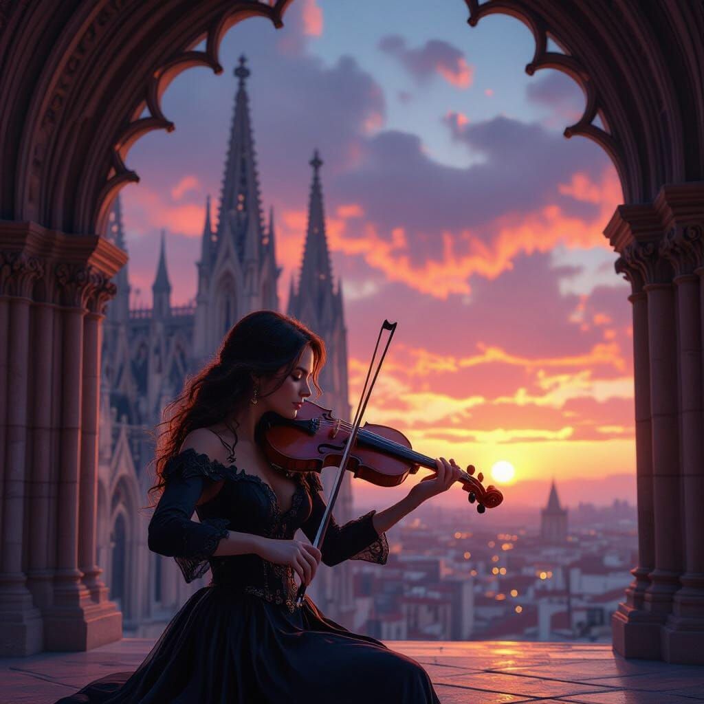 A violinist plays under the carved arches of a catalan cathedral