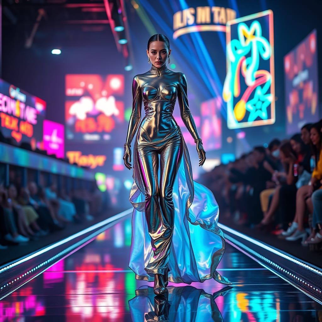 a futuristic cyborg model walks down a neon-lit runway, showcasing a dress made of liquid metal that ...  by @Finn Rummins