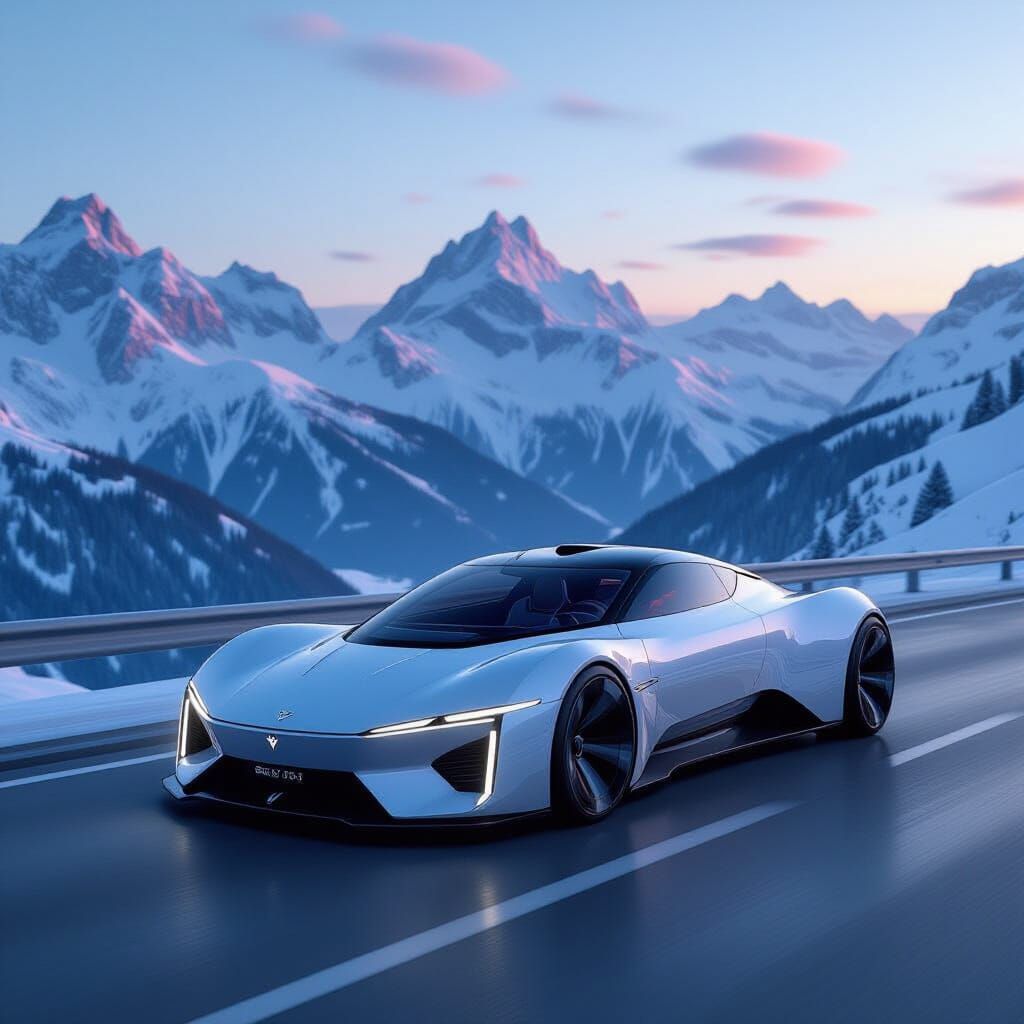 Futuristic Vehicle Speeds Through Alps: Minimalist Style