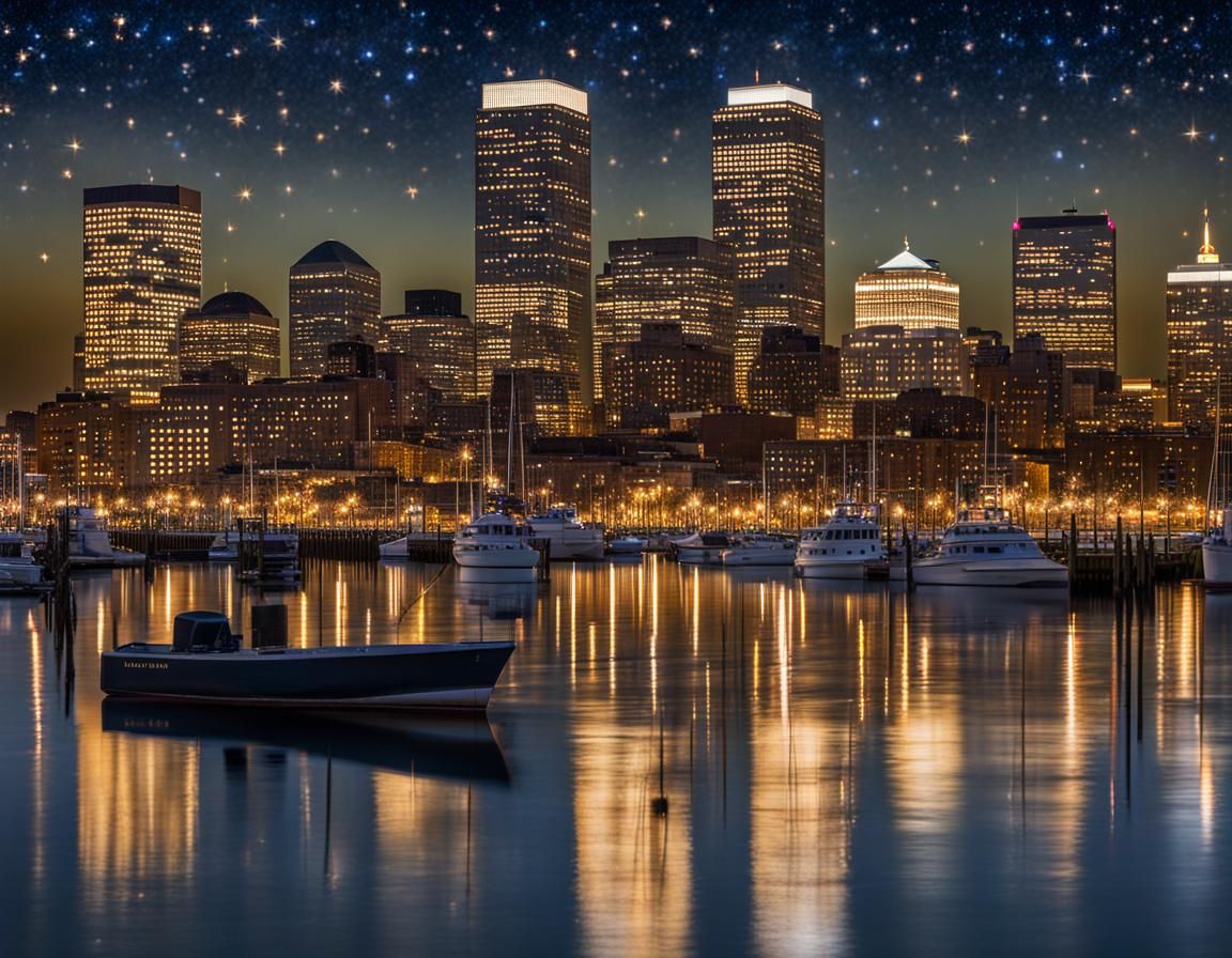 Nighttime Cityscape of Boston, Massachussets as viewed from the Boston Harbor  by @Lady of the Thorns