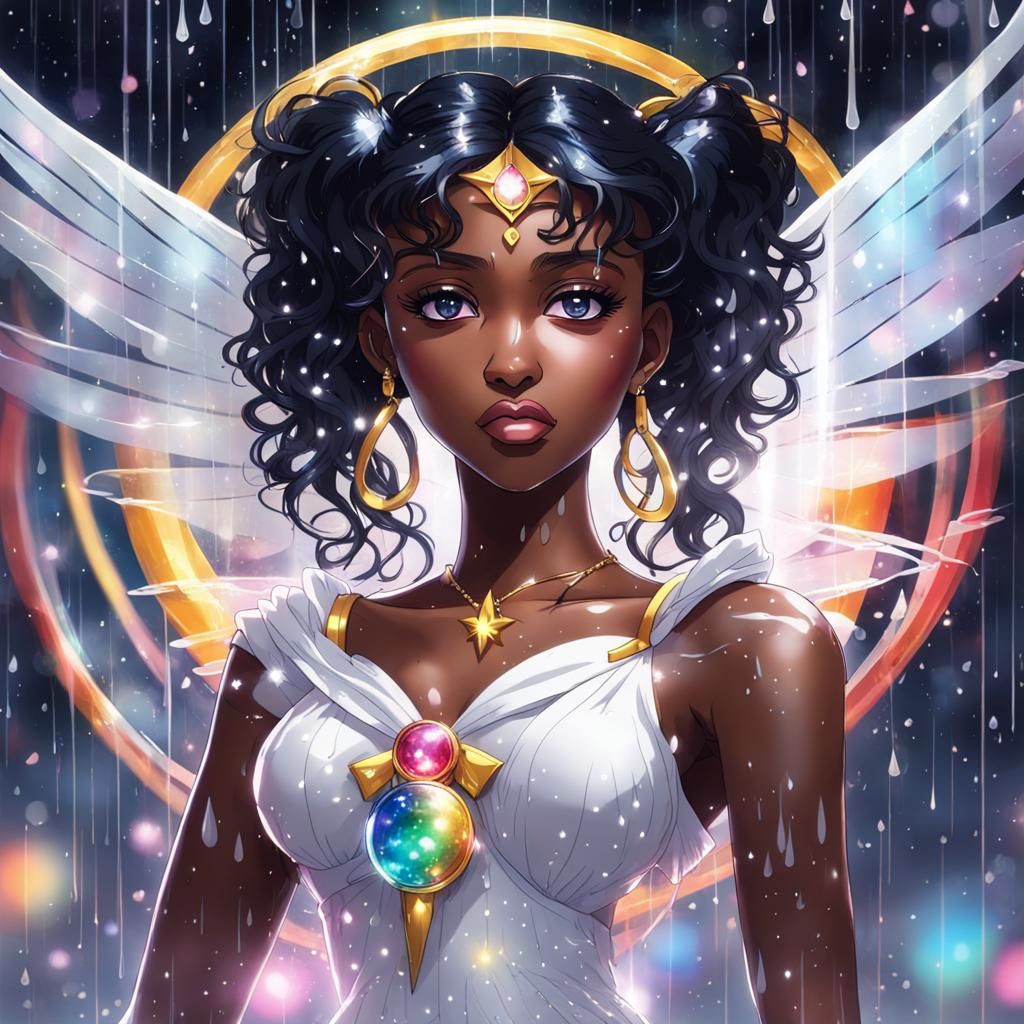 "Beautiful ebony Sailor moon under a cristal rain with a bea...