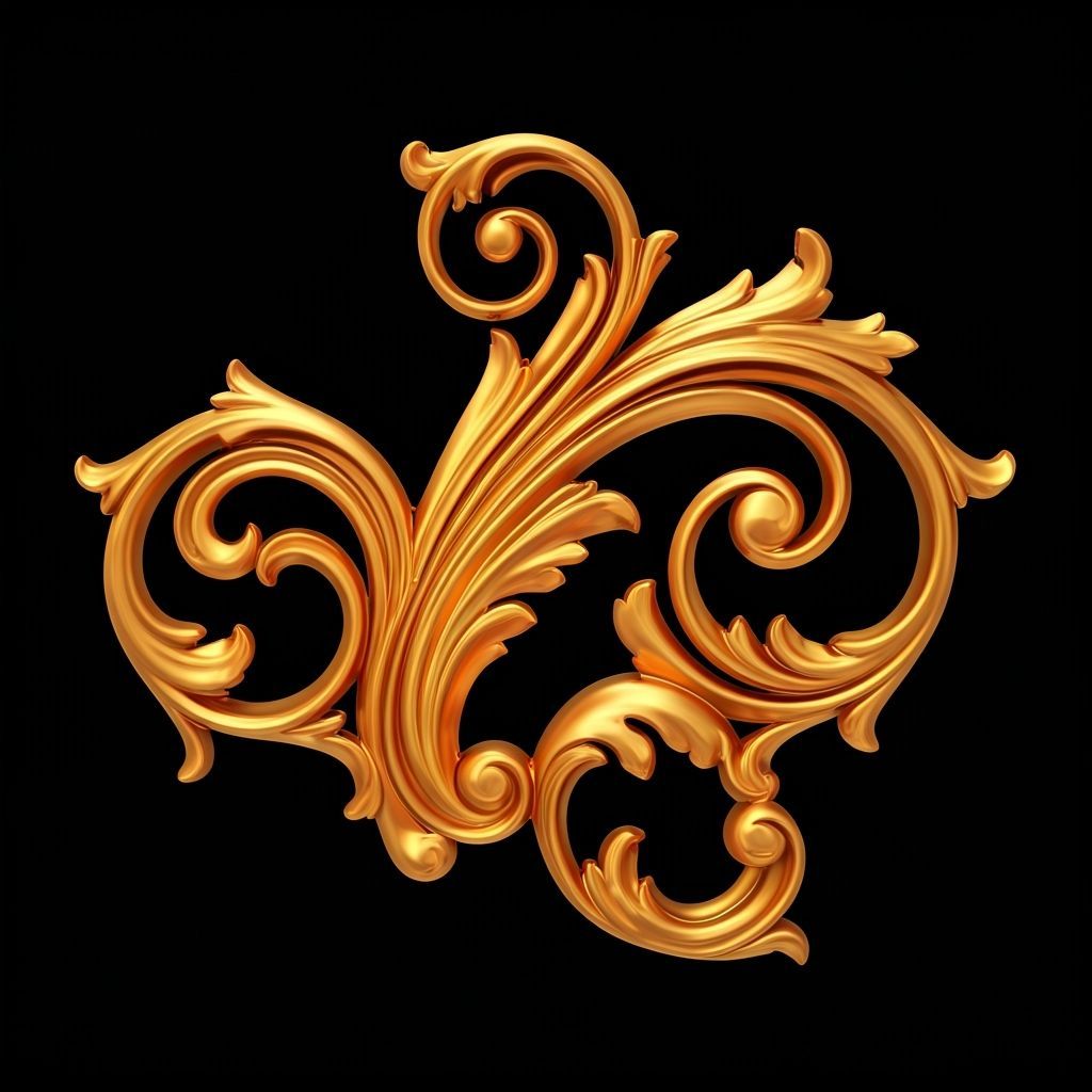 "Elegant ornamental golden swirl decoration, 3D metallic design, glossy gold finish with smooth highlights and shadows, isolated on a black ...