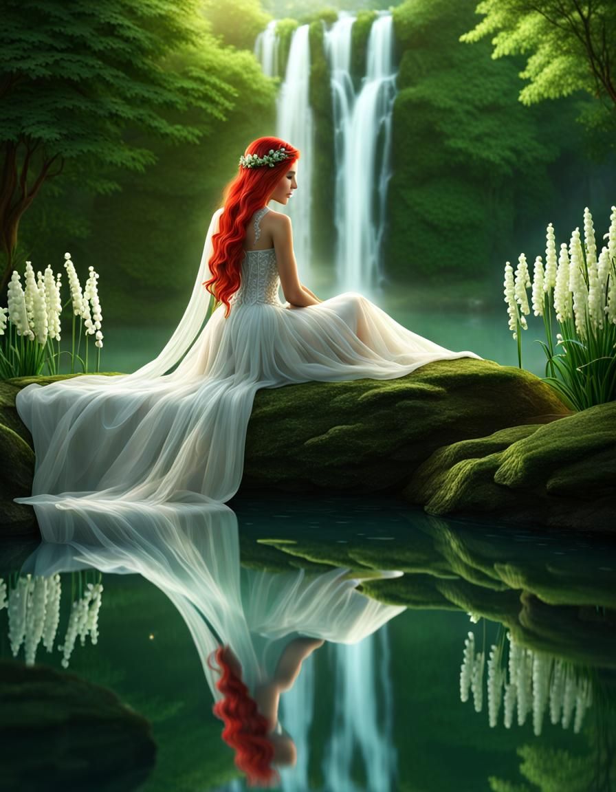 This beautiful 3D fantasy scene centers on the sitting girl's reflection on her face as she stares into ...  by @Marshas Creative AI Designs