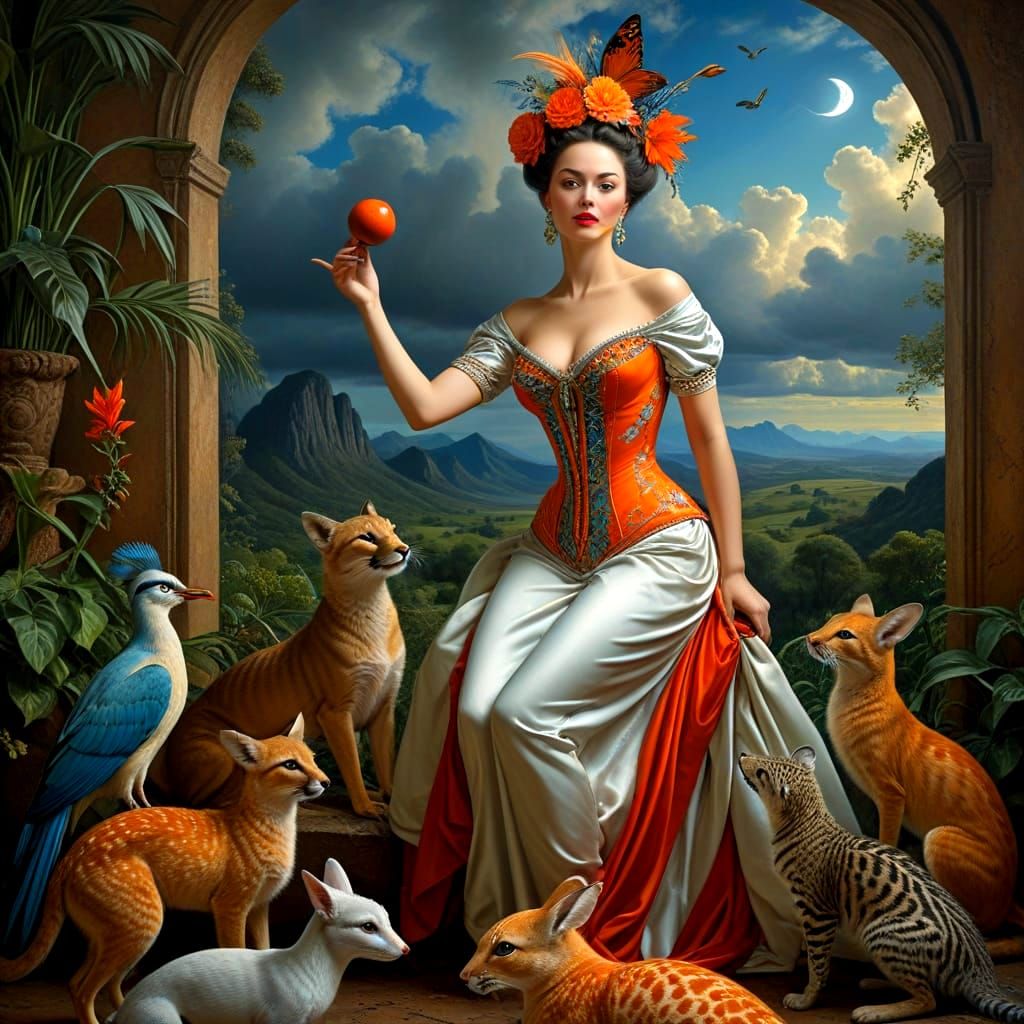 Elegant Lady with Fantastic Animals in Surreal Style