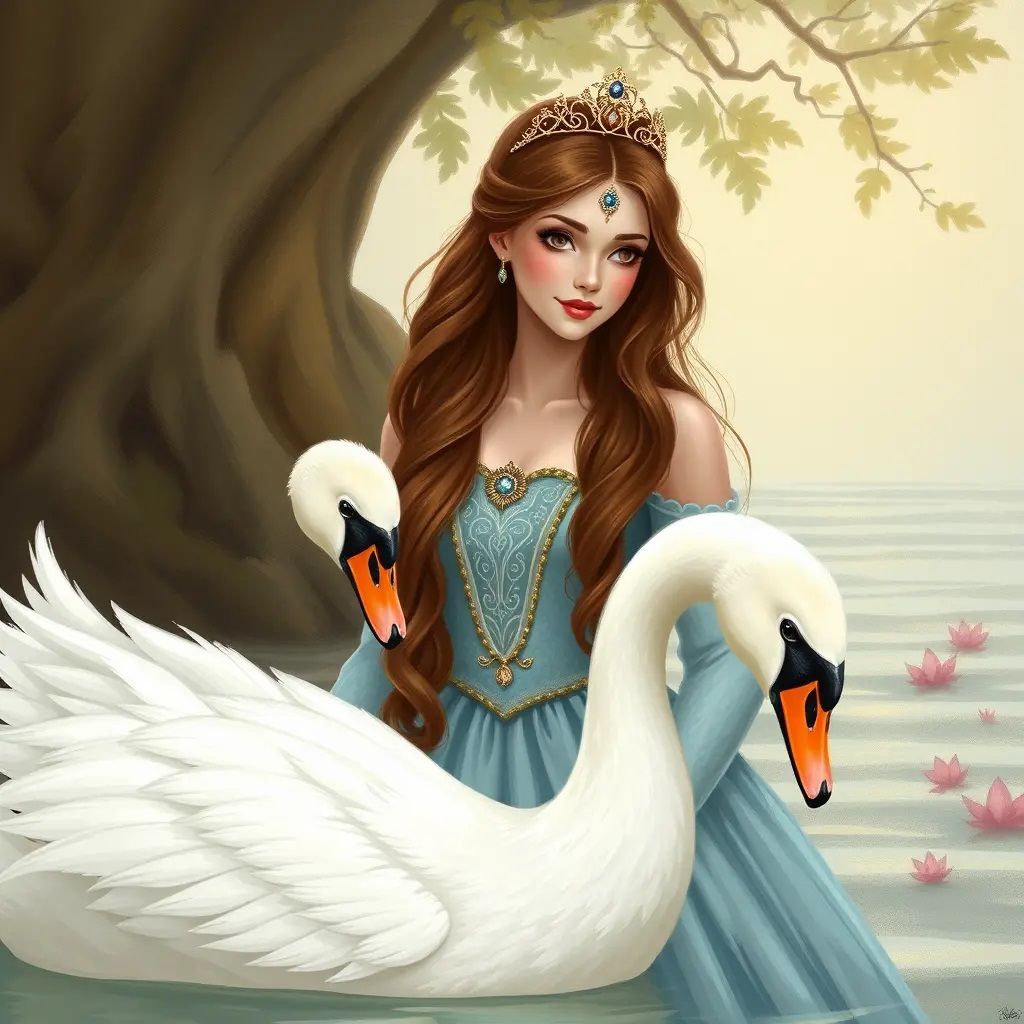 beautiful princess with long brown hair stands with a swan