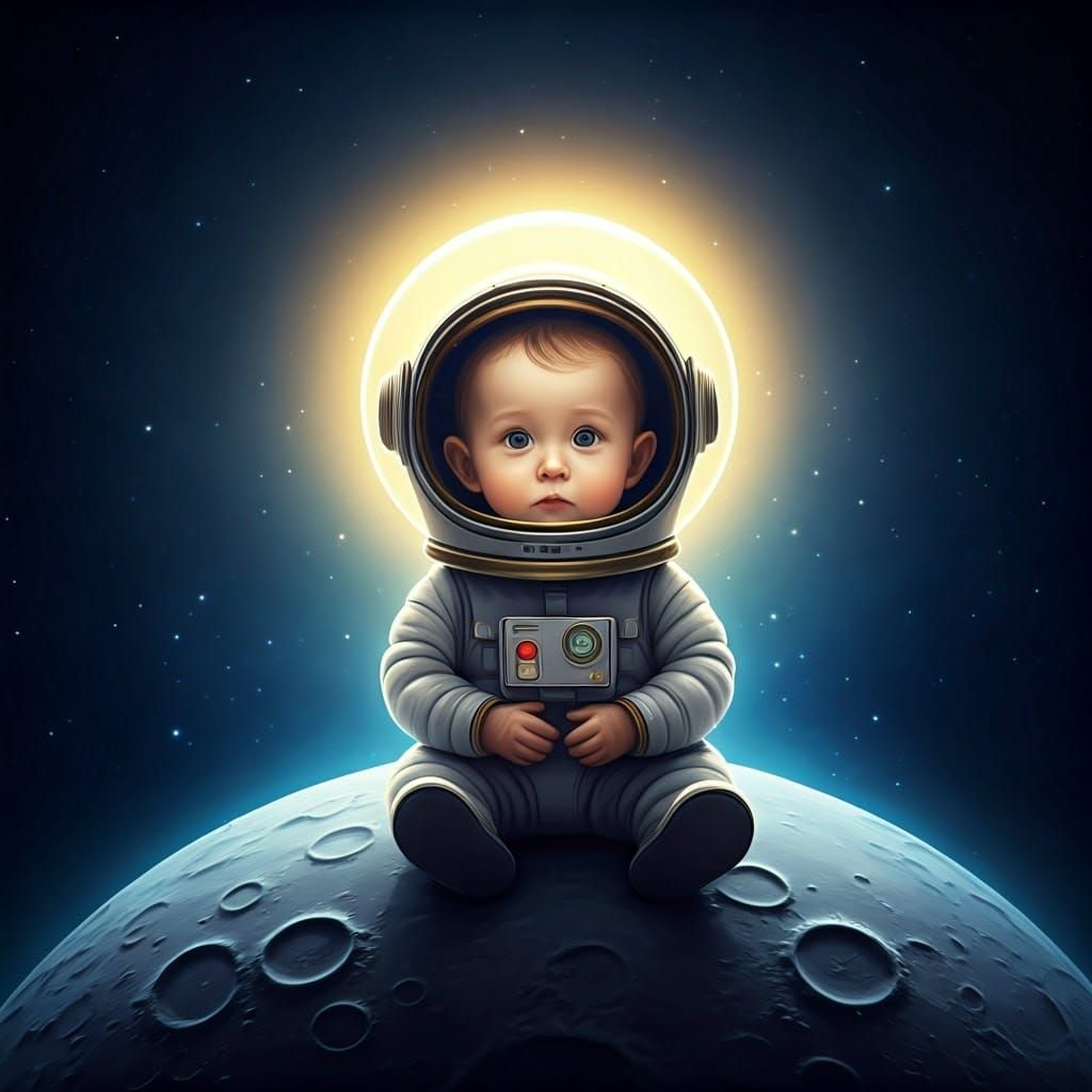 Tiny Moon Child in Whimsical Spacesuit