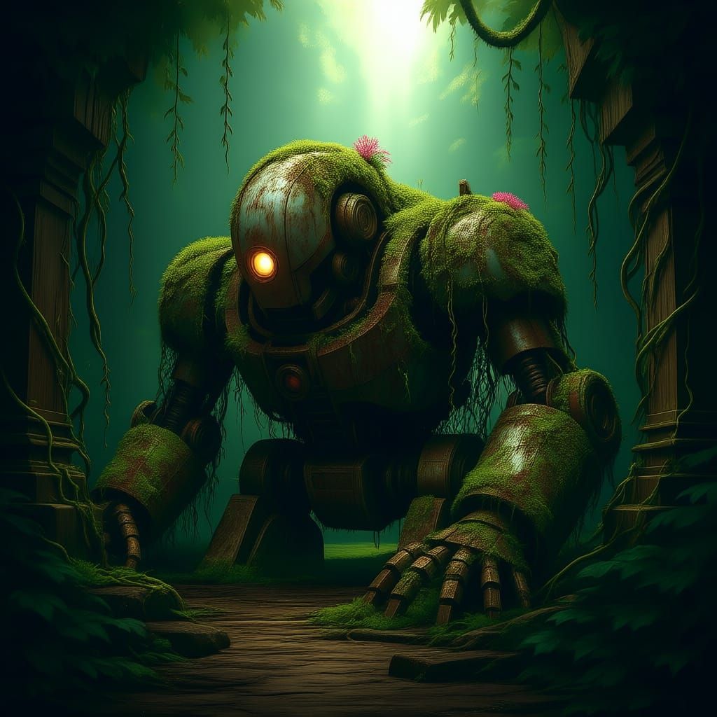 A colossal, ancient automaton, overgrown with vibrant moss and flowering vines, slumbers within a forgotten jungle temple. Its metallic body...