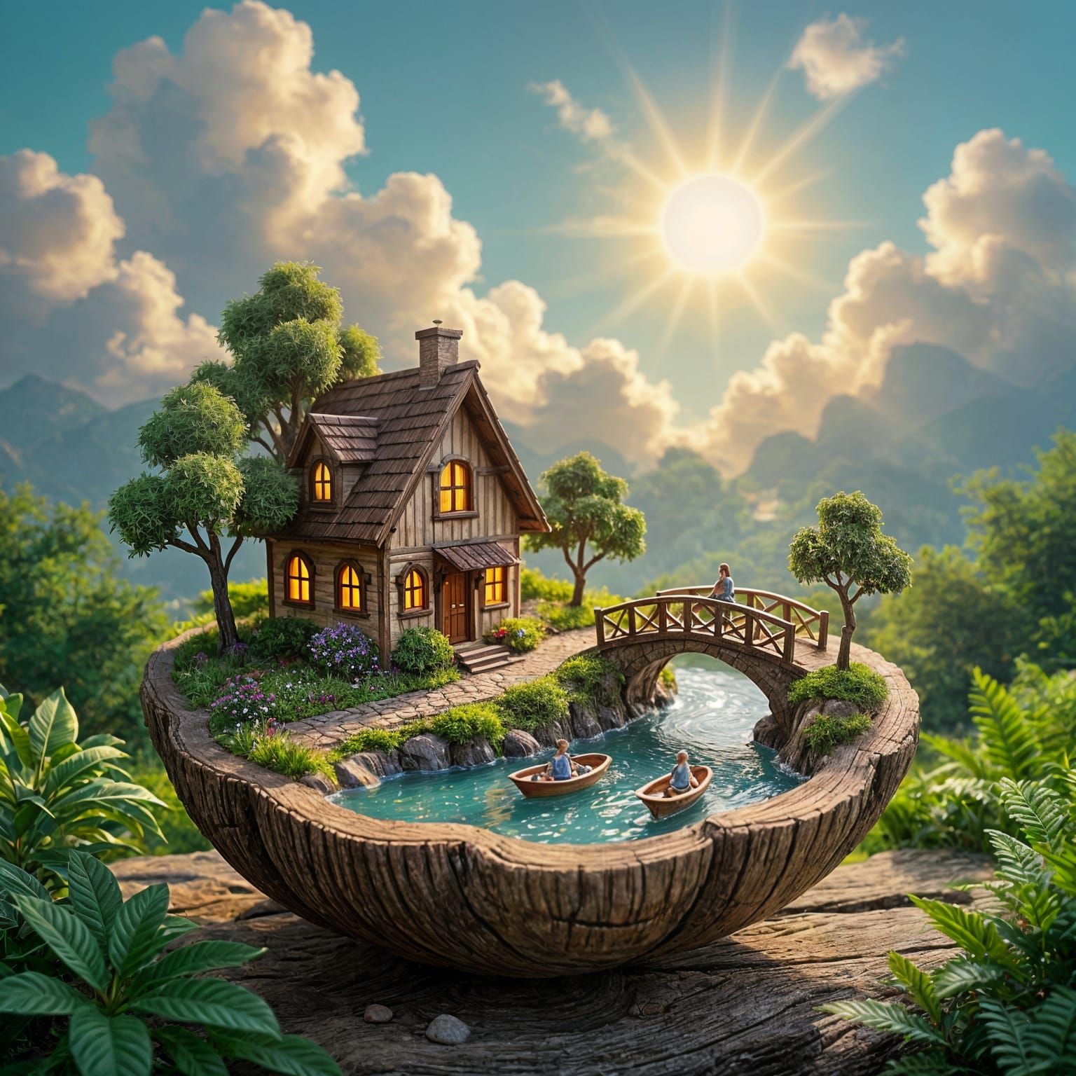 This image presents a whimsical and enchanting miniature world, artfully contained within the half-shell ...  by @Likra