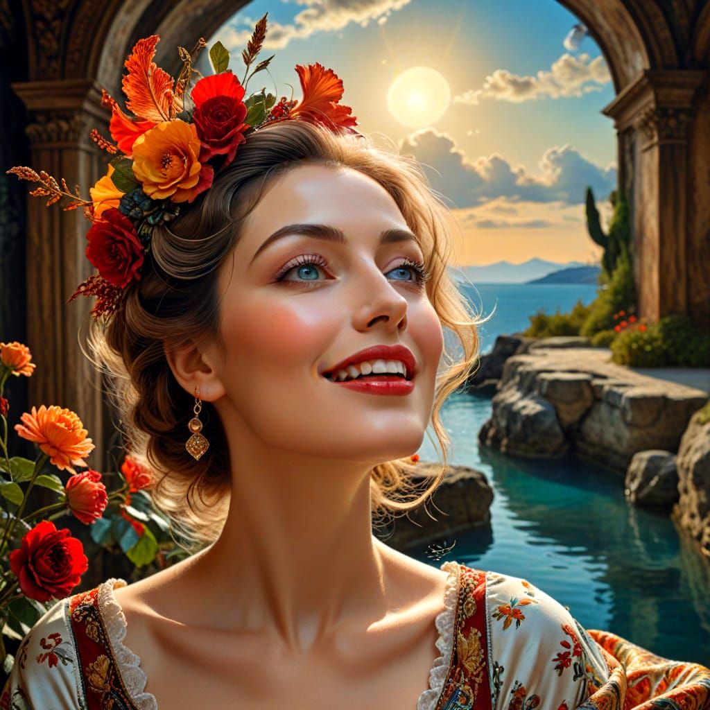 Elegant Lady in Vibrant Surreal Surroundings with Intricate....