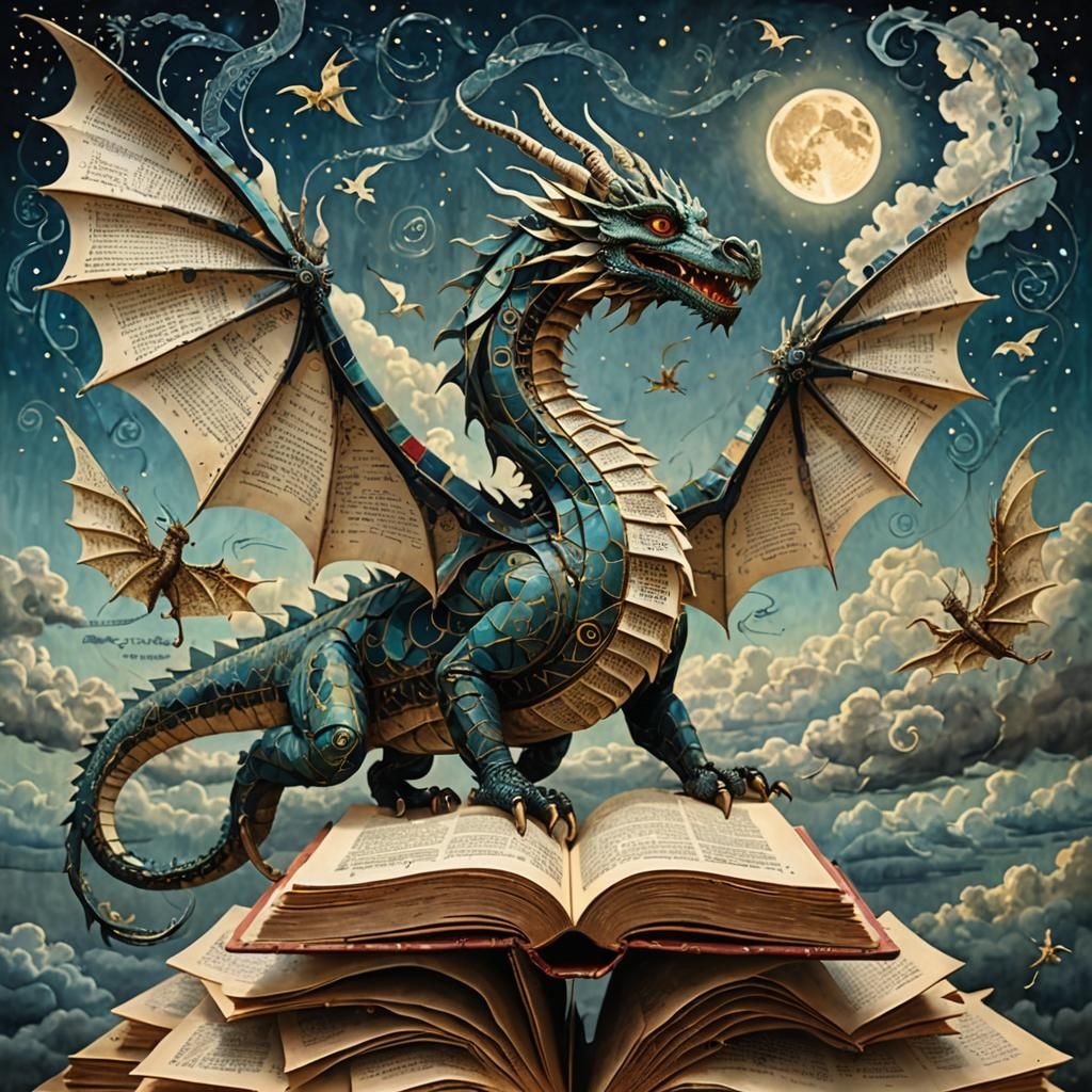 A dragon made entirely of ancient book pages takes flight. 