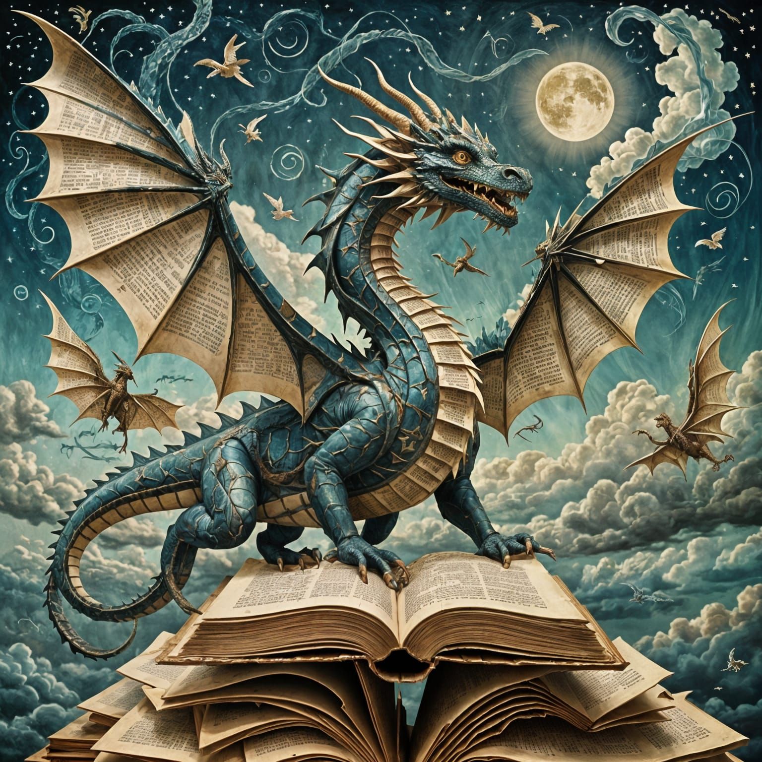 A dragon made entirely of ancient book pages takes flight. The pages ripple and twist, forming wings ...  by @ZoinMihailo