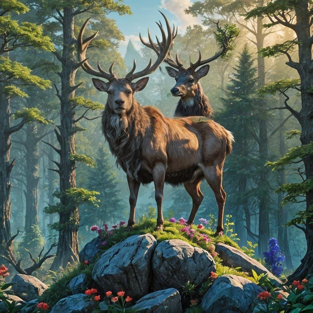 Majestic Stag in Forest Sunset: Detailed Matte Painting
