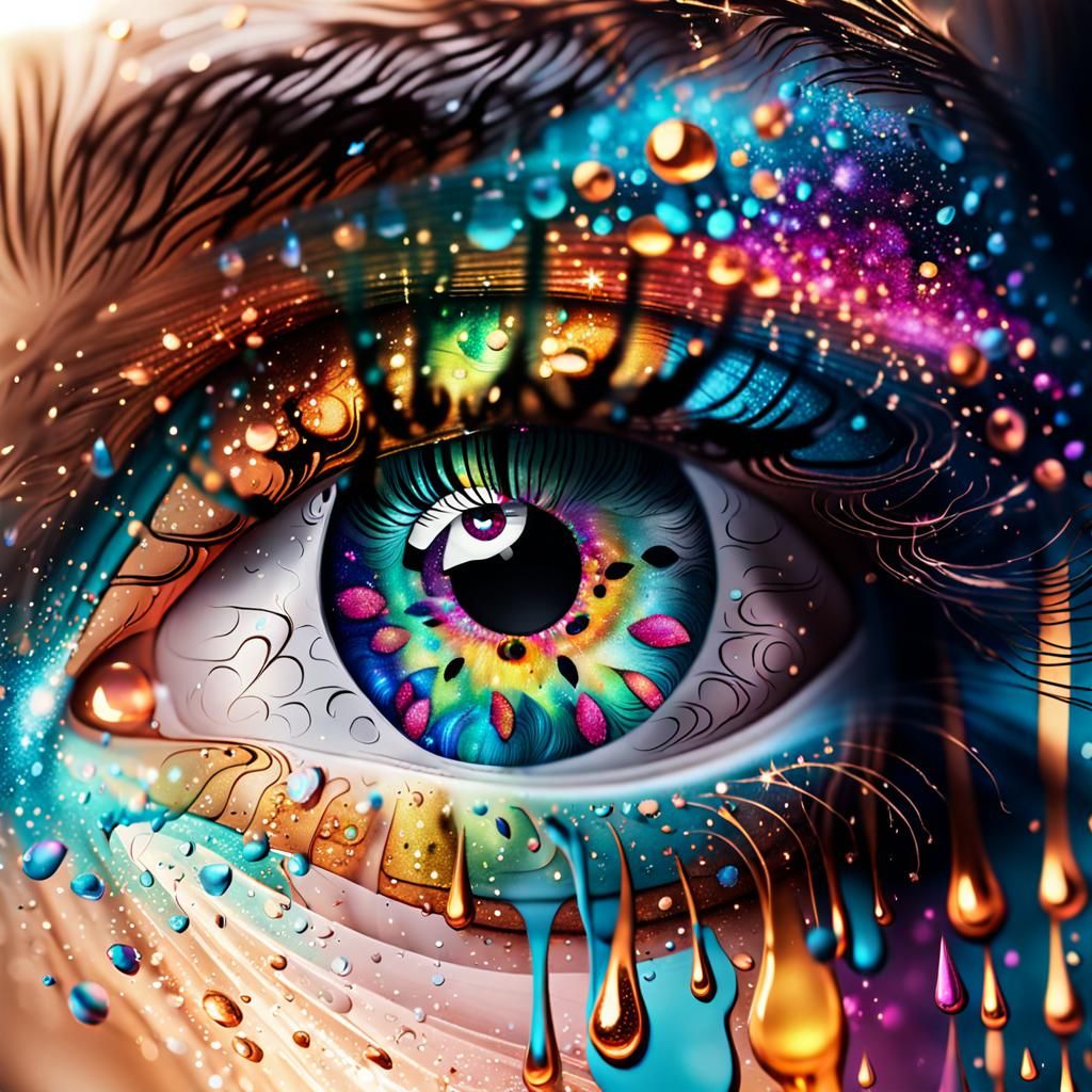 Vibrant Pop Explosion Inside A Beautiful eye, glittery reflections tears