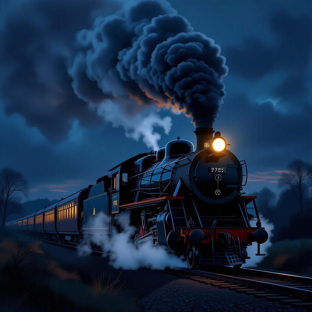 Vintage Steam Train at Night in Moody Illustration Style