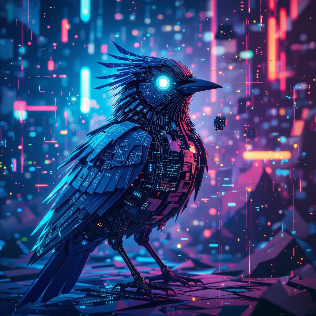 A clockwork bird with intricately crafted mechanical feathers and glowing blue circuits, its face disintegrating into fragmented pixels and ...