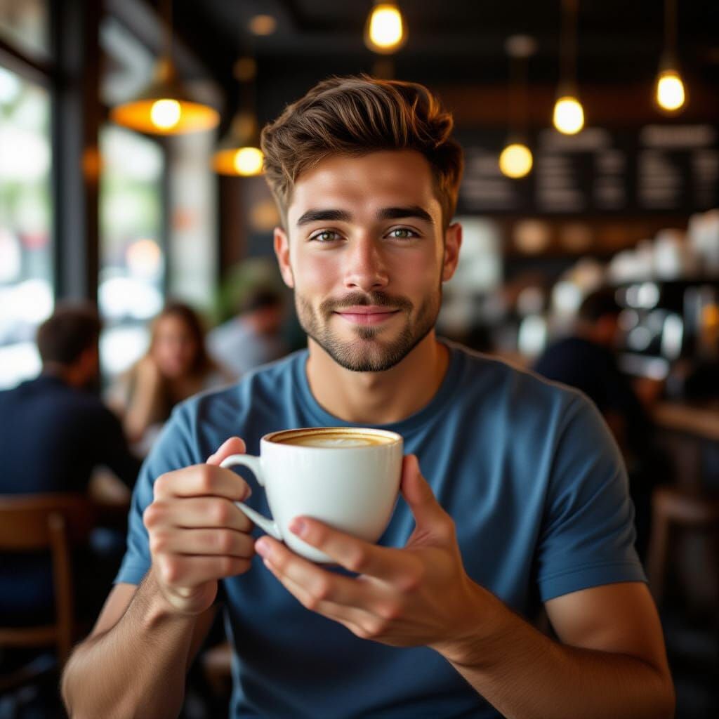Man with Extra Finger Holds Coffee in Cafe