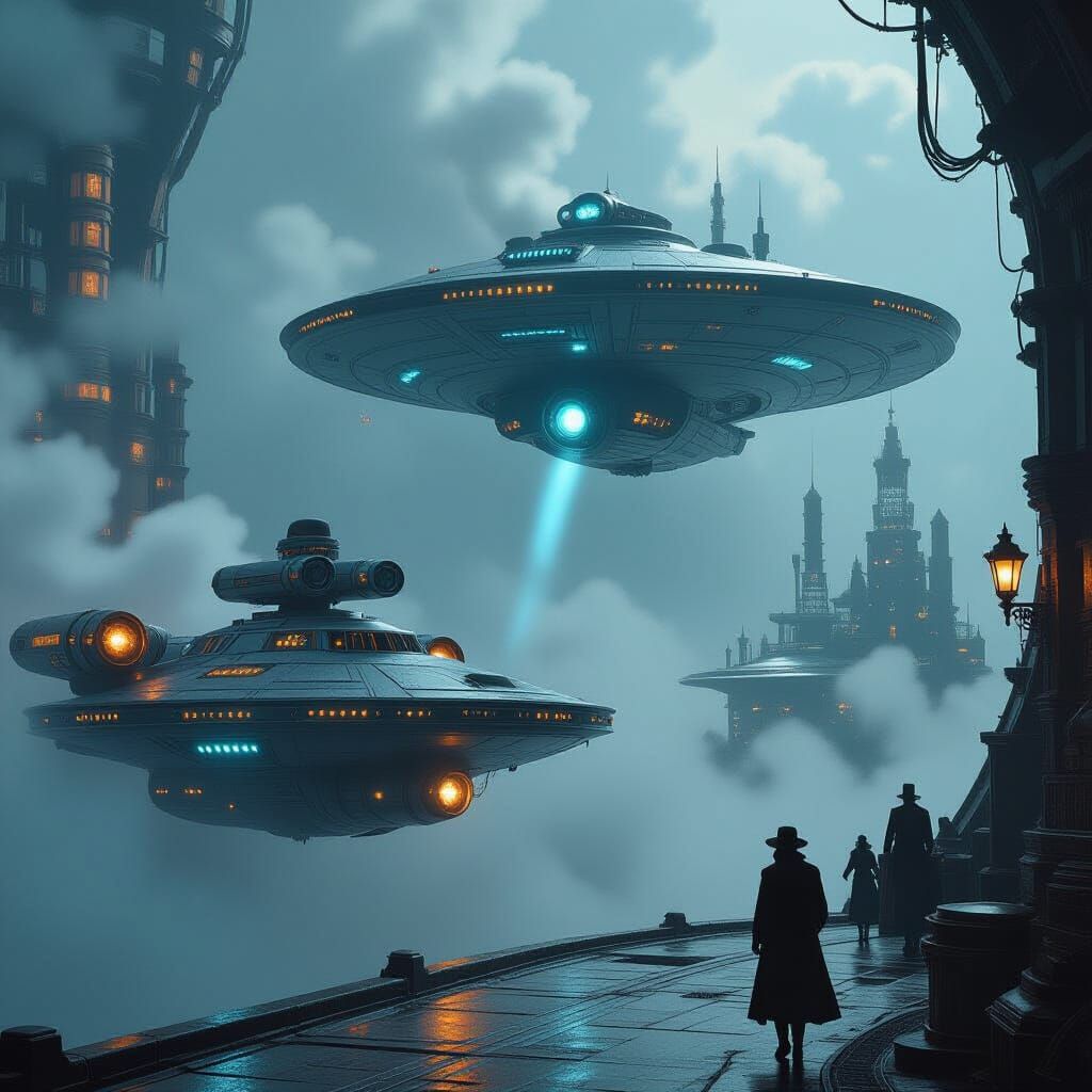 Diesel punk USS Enterprise encounters steampunk Romulan Warbird as it decloaks in a cloud of space mist. ...  by @Bwomack