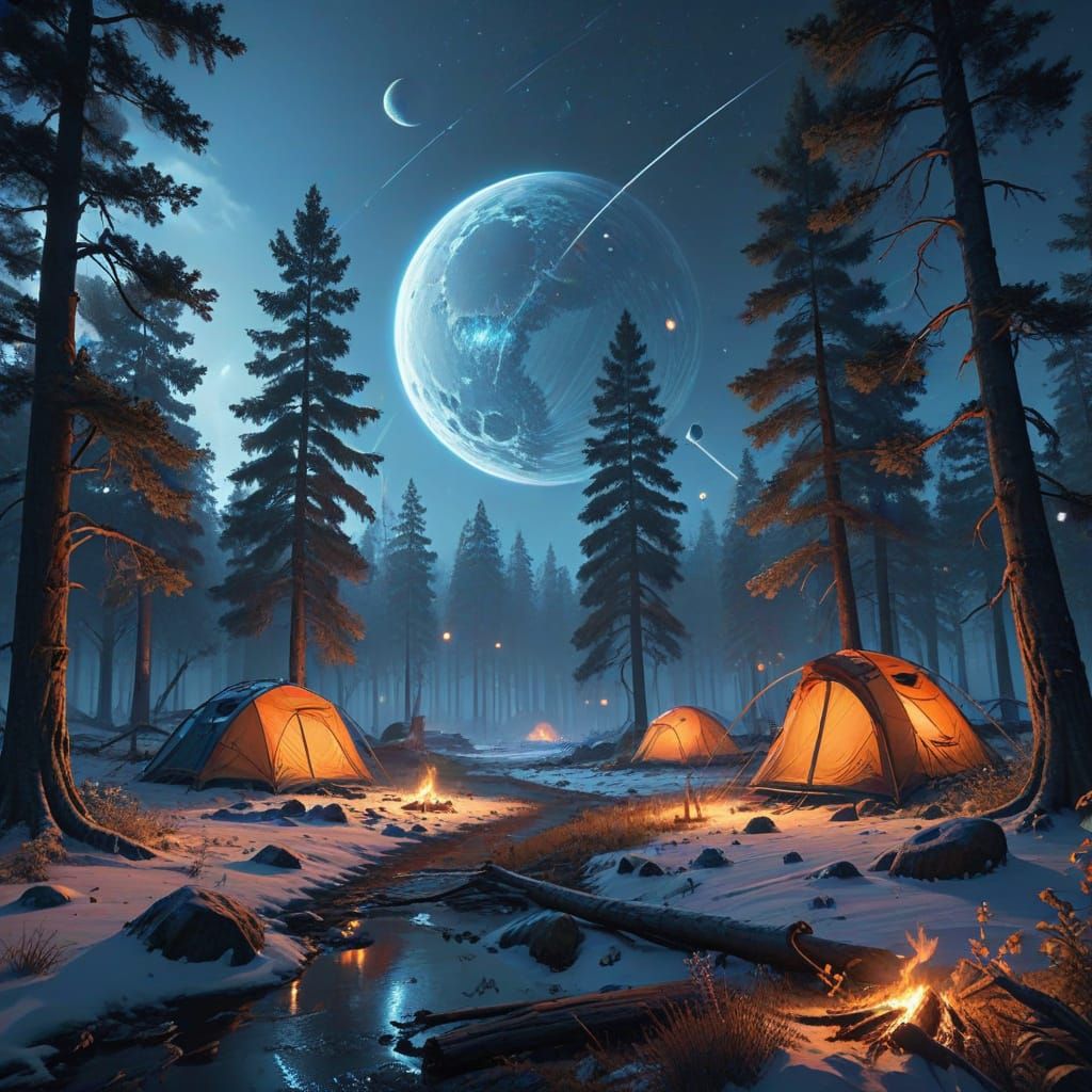 A large campfire in a forest clearing, surrounded by tents half buried by snow, a clear sky full of stars ...  by @undefined