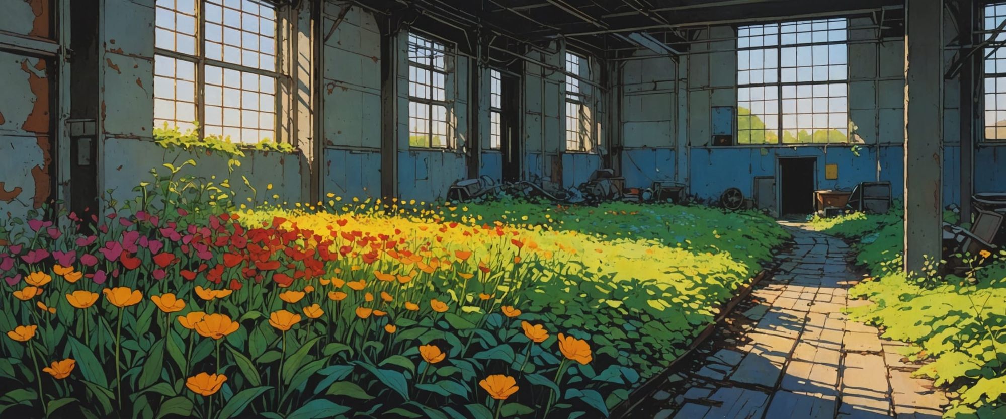 flower, abandoned industrial place, white, mossy green, indigo blue, sunshine yellow-orange, magenta-red, bright, daylight, comic book style...