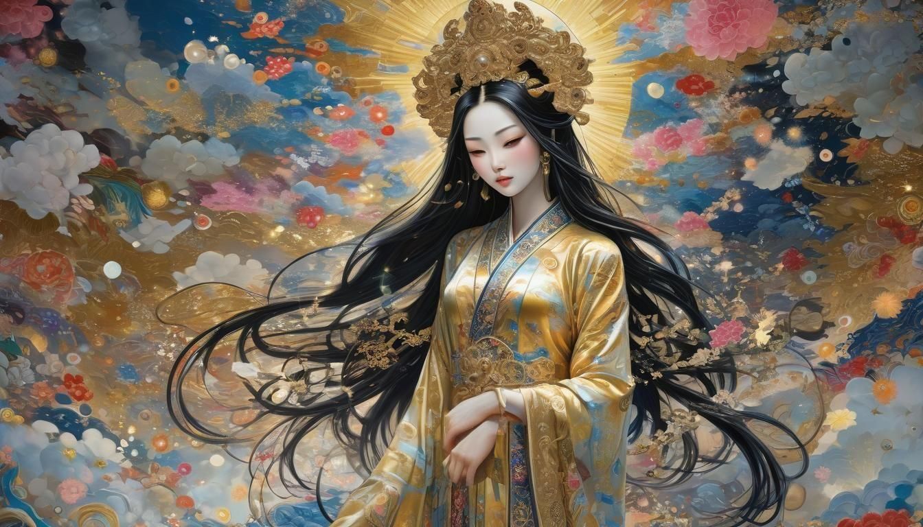 super detailed, realistic, Vietnamese goddess, gorgeous detailed eyes, gorgeous detailed lips, shiny black hair, sparkling ornaments, myster...