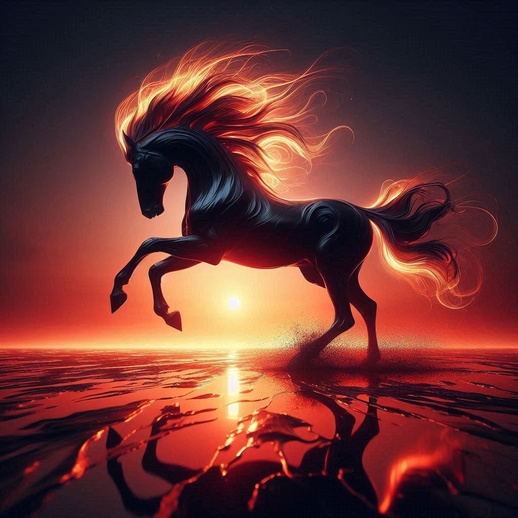 Horse silhouette, by a fired sunset