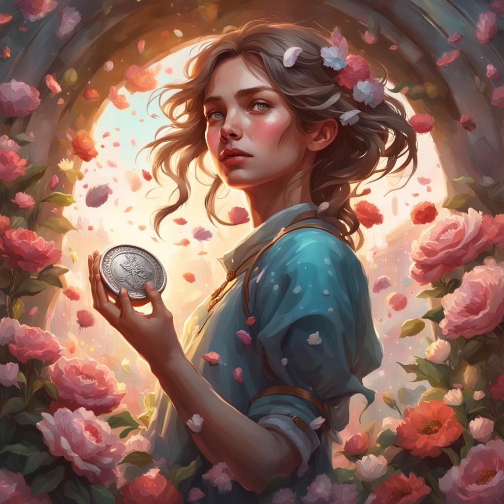 Pretty girl tossing a coin in a well with flowers around it