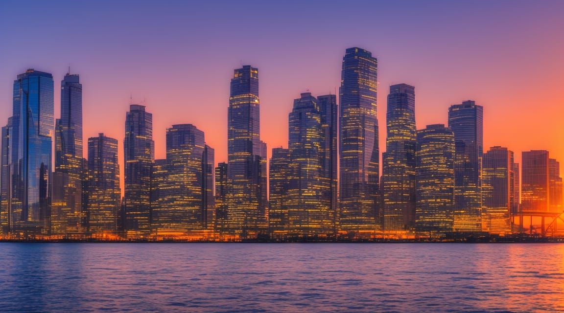City skyline across the water at sunset