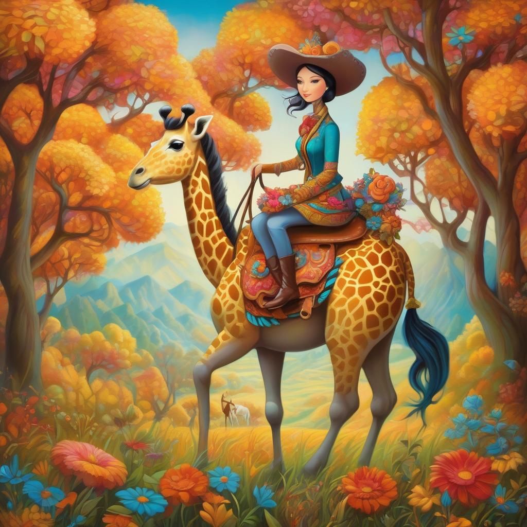 Riding on the back of a giraffe