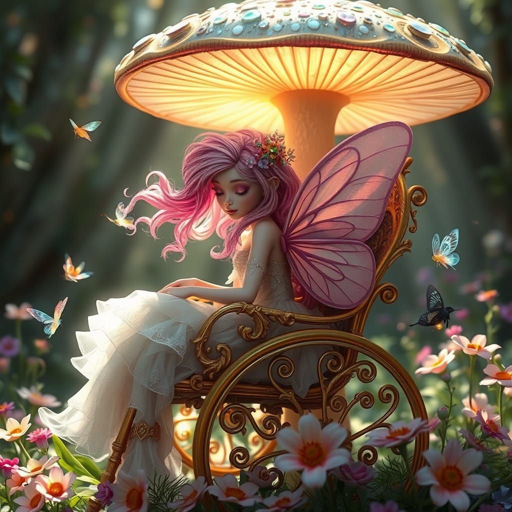 Delicate pink hair Fairy in an ornate wheelchair with wings on her back. In the style of Brian Froud ...  by @Hummingbirdartiste