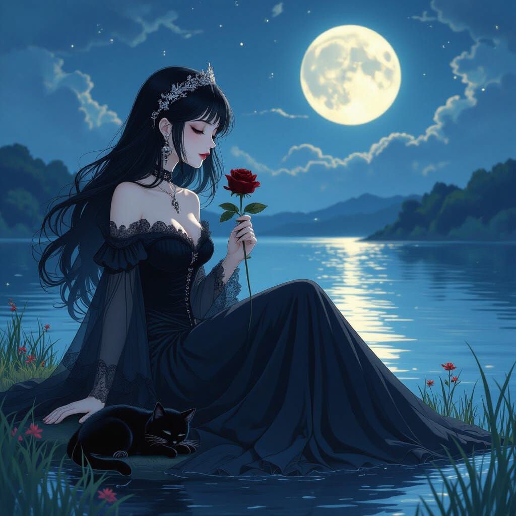 Goth Queen by Lake with Black Cat in Anime Style