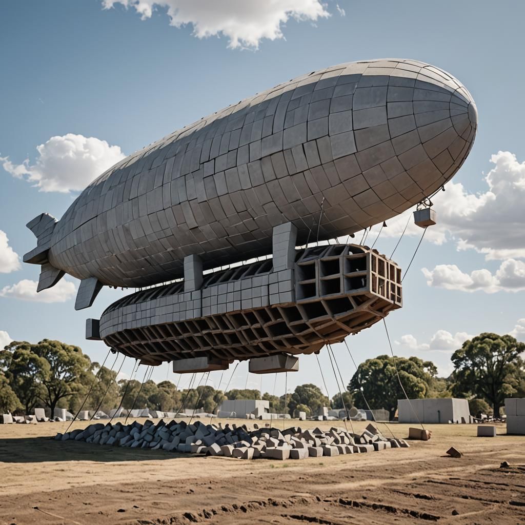 A blimp made out of concrete cinder blocks
