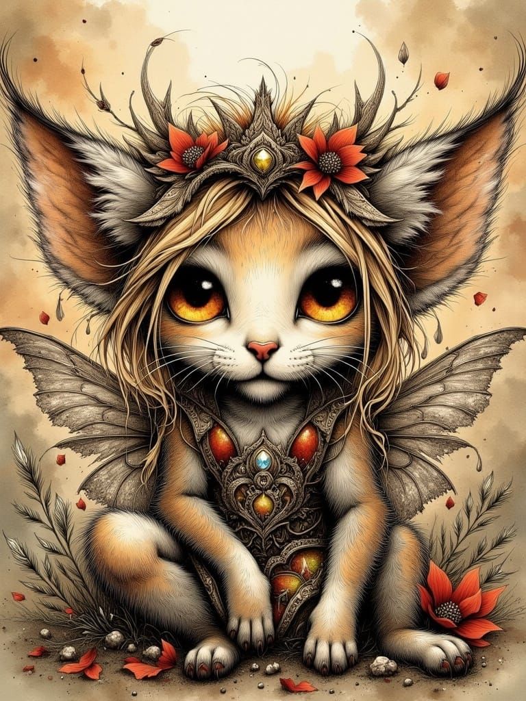 <lora:HRH-moody-inks v2:1.0> Beautiful fairy made from fire style of holly hobbie, moody ink, hyper detailed , grunge