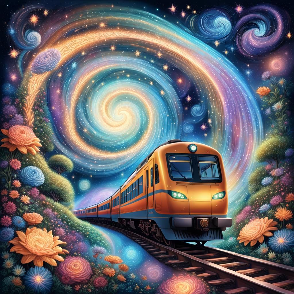 Cosmic Train to Ethereal Garden: Astral Illustration