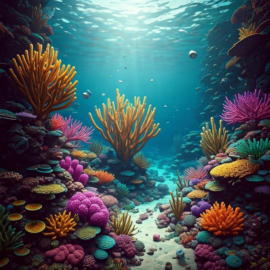 Polluted Coral Reef in Realistic 3D Scene