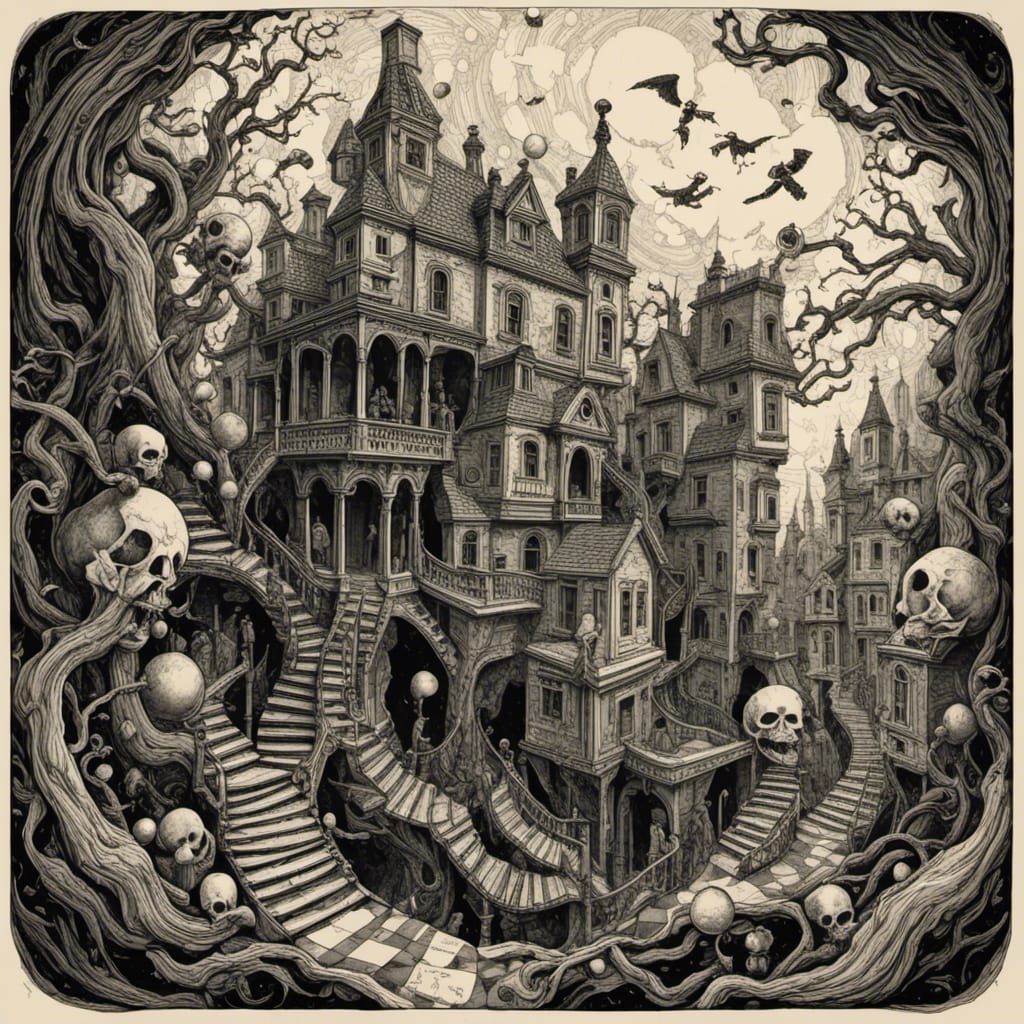 Horror Ink Artscape inspired by a mix of MC Escher and Edgar Allen Poe, hyperdetailed. <lora:Eschers Poe:1.0> 
