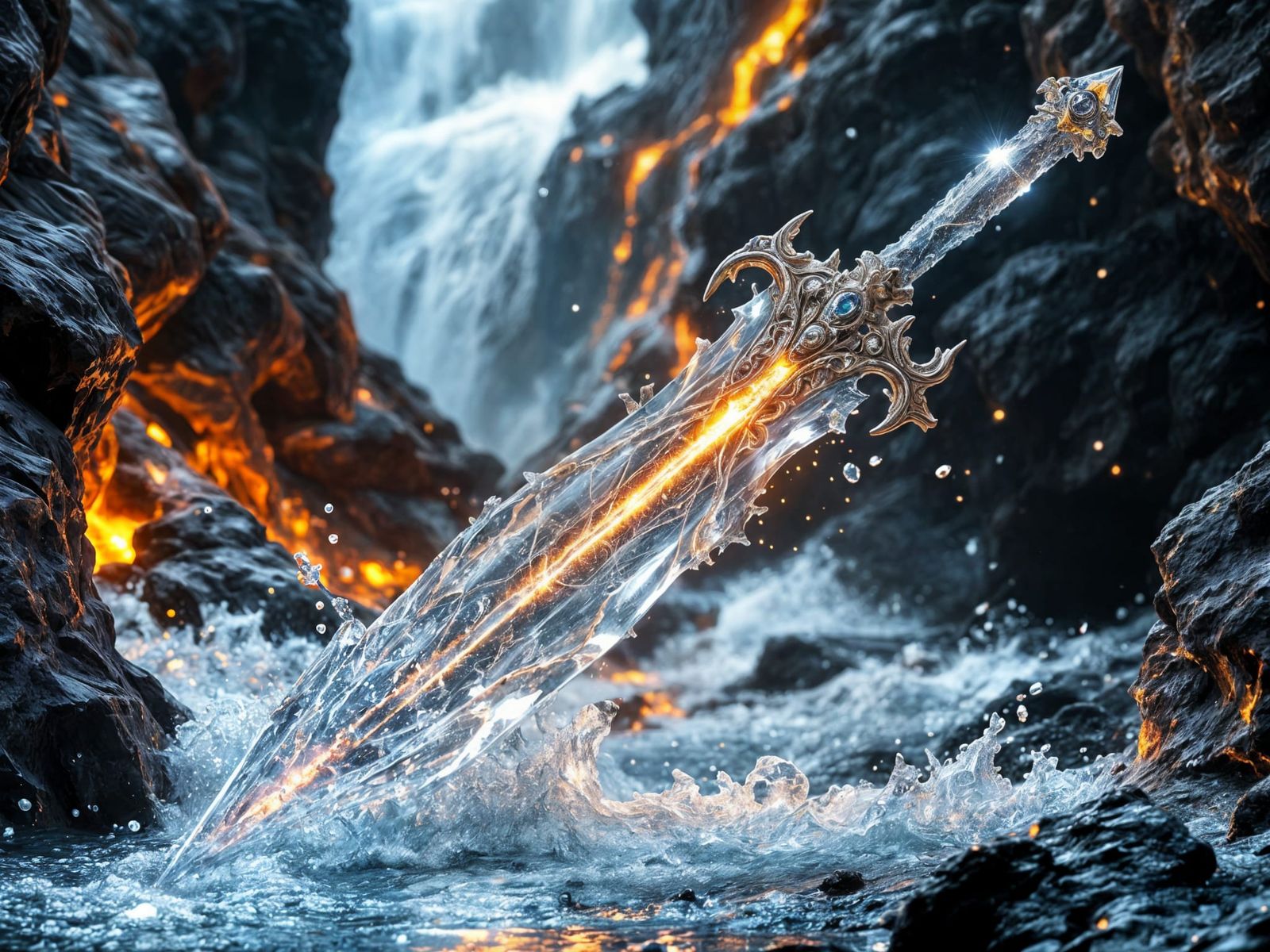 Ultra-detailed 4K rendering of a transparent super sword embedded in a volcanic rock formation, water ...  by @Dawid 