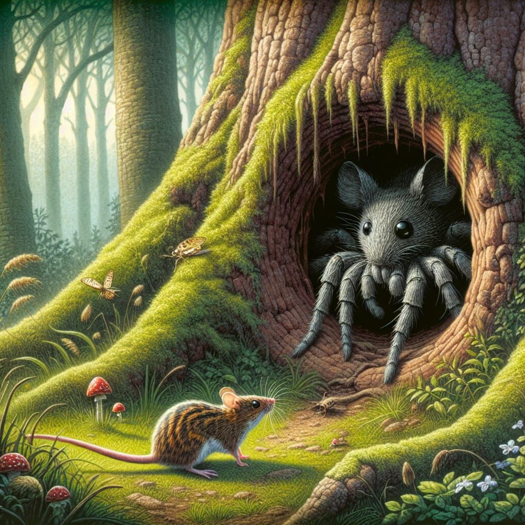 Draw a spider entering a mouse hole and see the mouse on the...