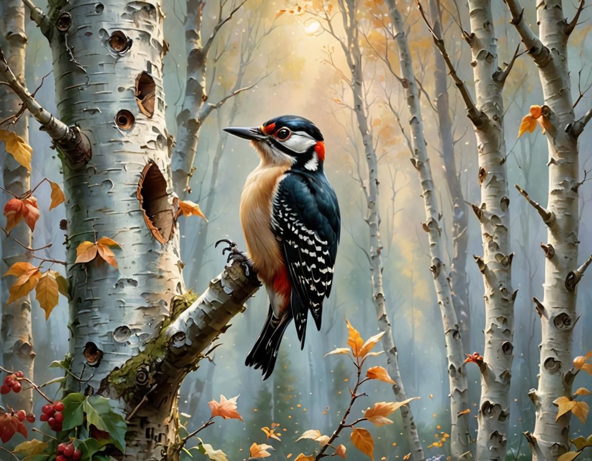 woodpecker on a birch tree  by @Ithil