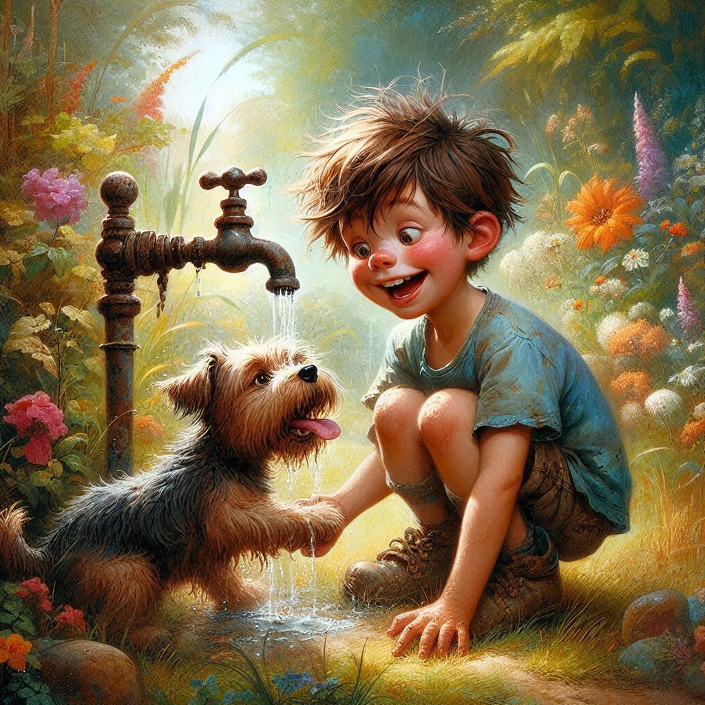 Whimsical boy with his little dog trying to lick water from a tab