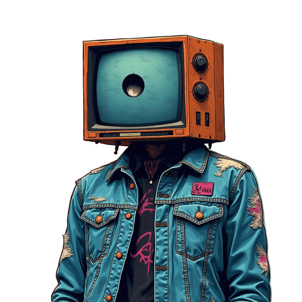 a human figure with an old television for a head in a retro abstract syle. no backgroud. with no image on screen 