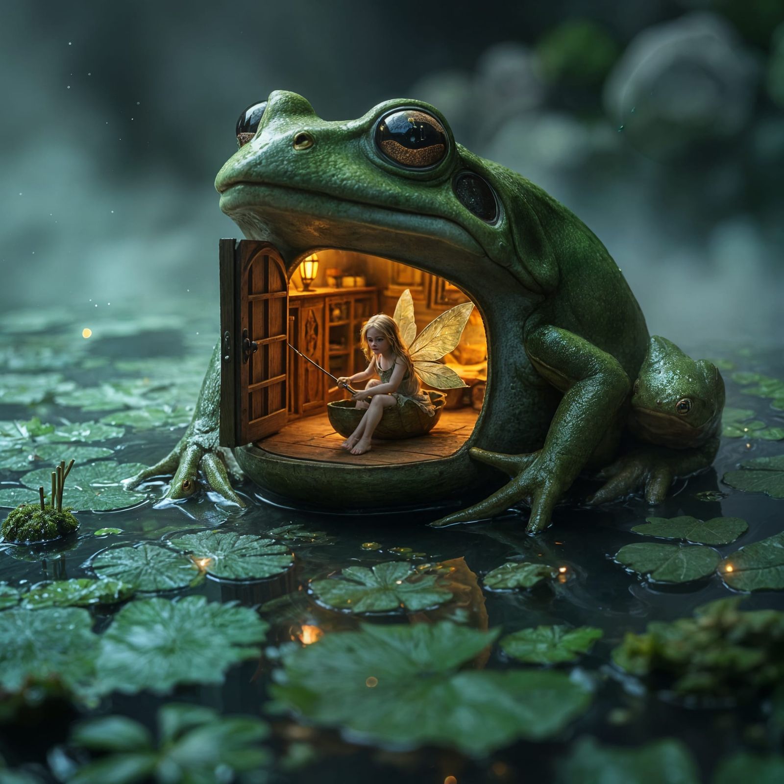 A giant hyper-realistic frog sitting in a misty pond, its side open like a tiny cozy wooden house, complete ...  by @Cafebreak