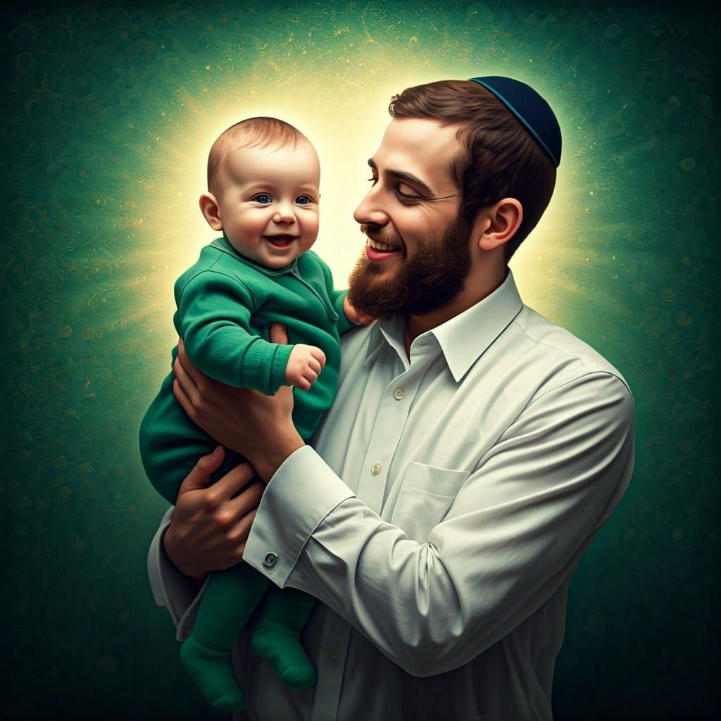 Joyful Hasidic Father Holds Happy Baby in Emerald Green Room