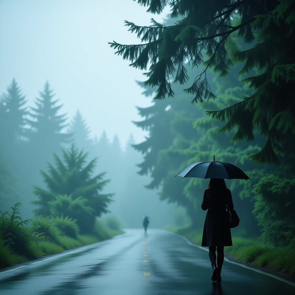 Rainy Foggy Day Silhouette with Green Trees