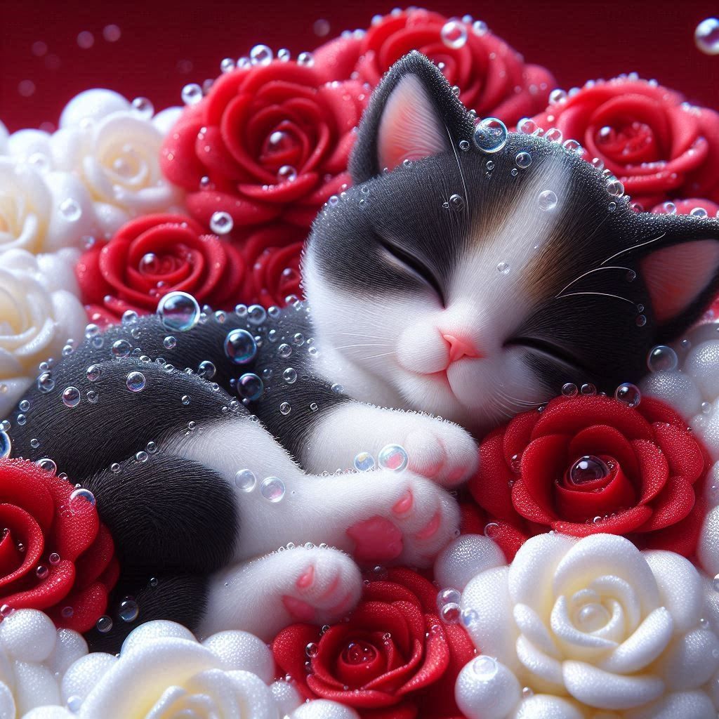 a chibi tuxedo kitten sleeping