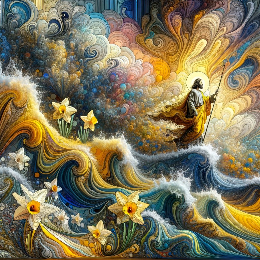 alcohol ink ebru glasswork style, double-exposure Jesus walking on water, daffodils, photorealism melds with abstract ve...