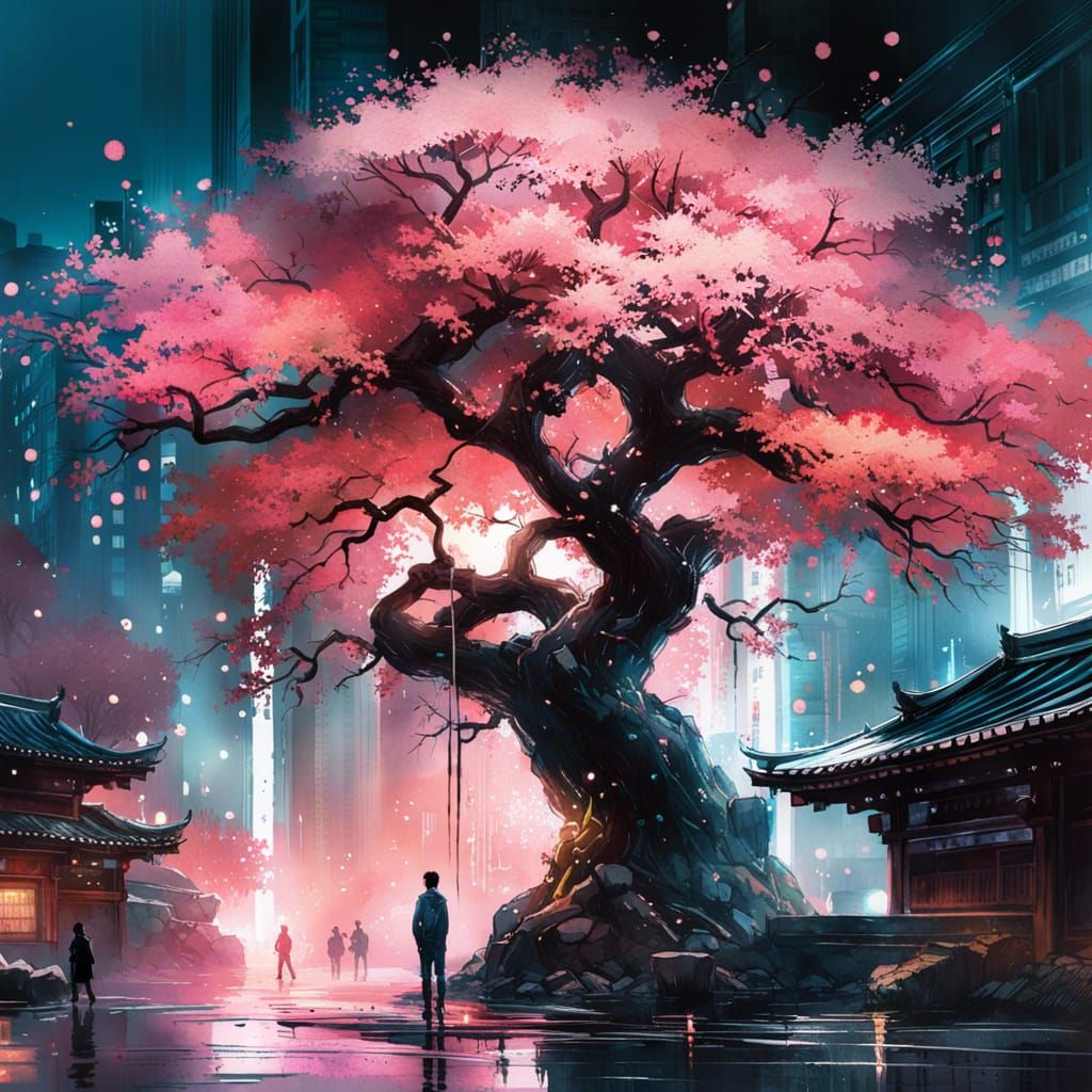 A large glowing sakura tree, extremely detailed watercolor, ...