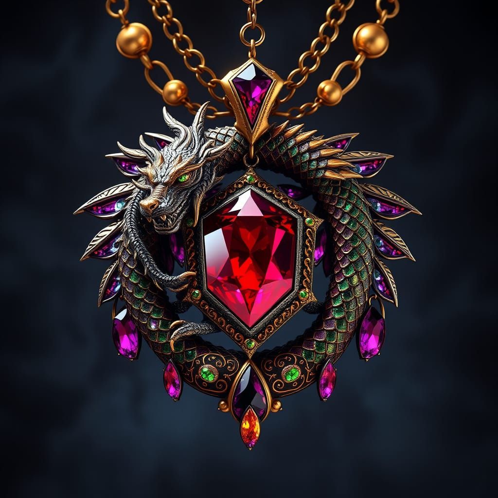A beautiful necklace with a red ruby gem a multi coloured dragon swirling around the ruby  by @PsychoStacey