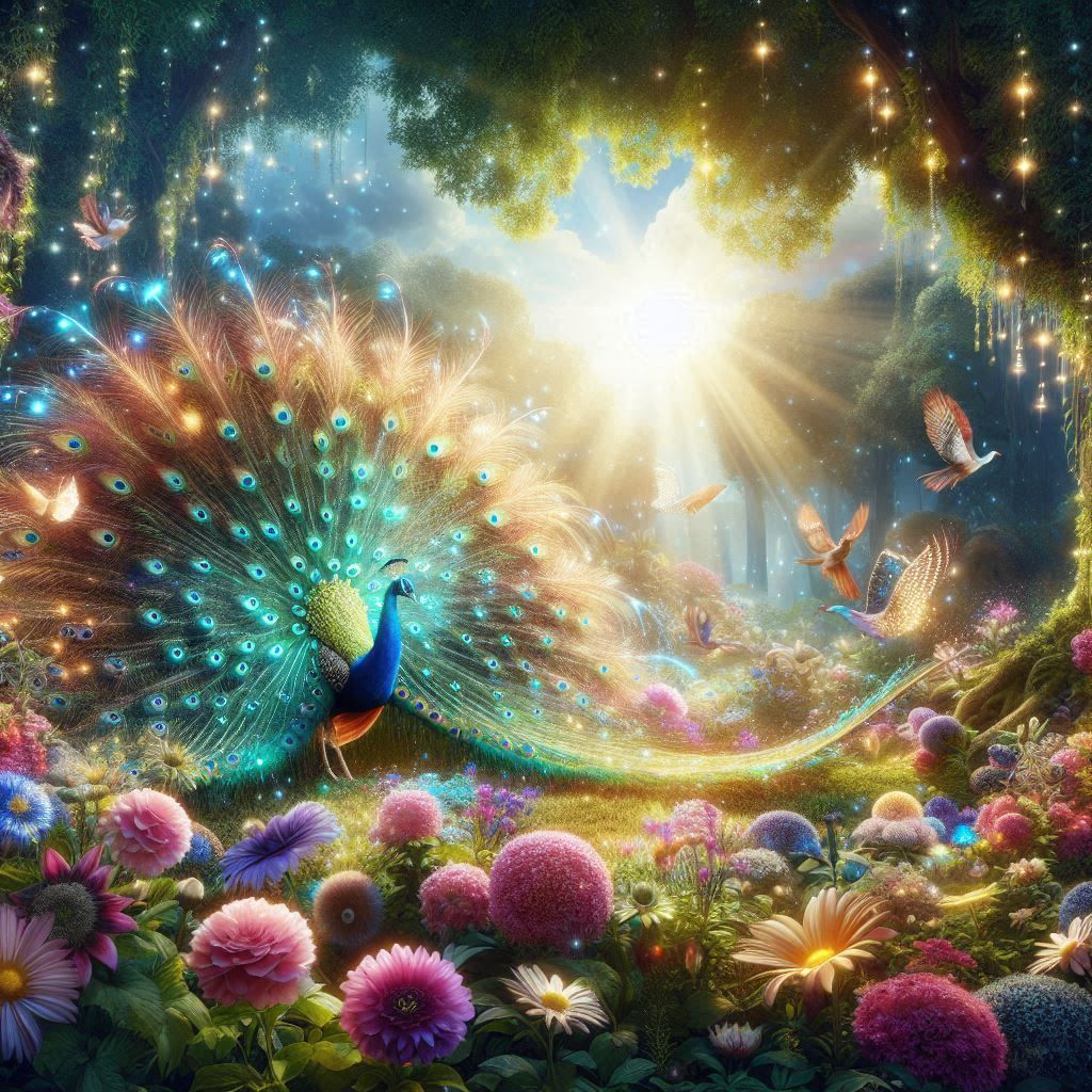 A peacock displaying its colorful plumage in full bloom, in a lush garden filled with flowers by DALL-E 3